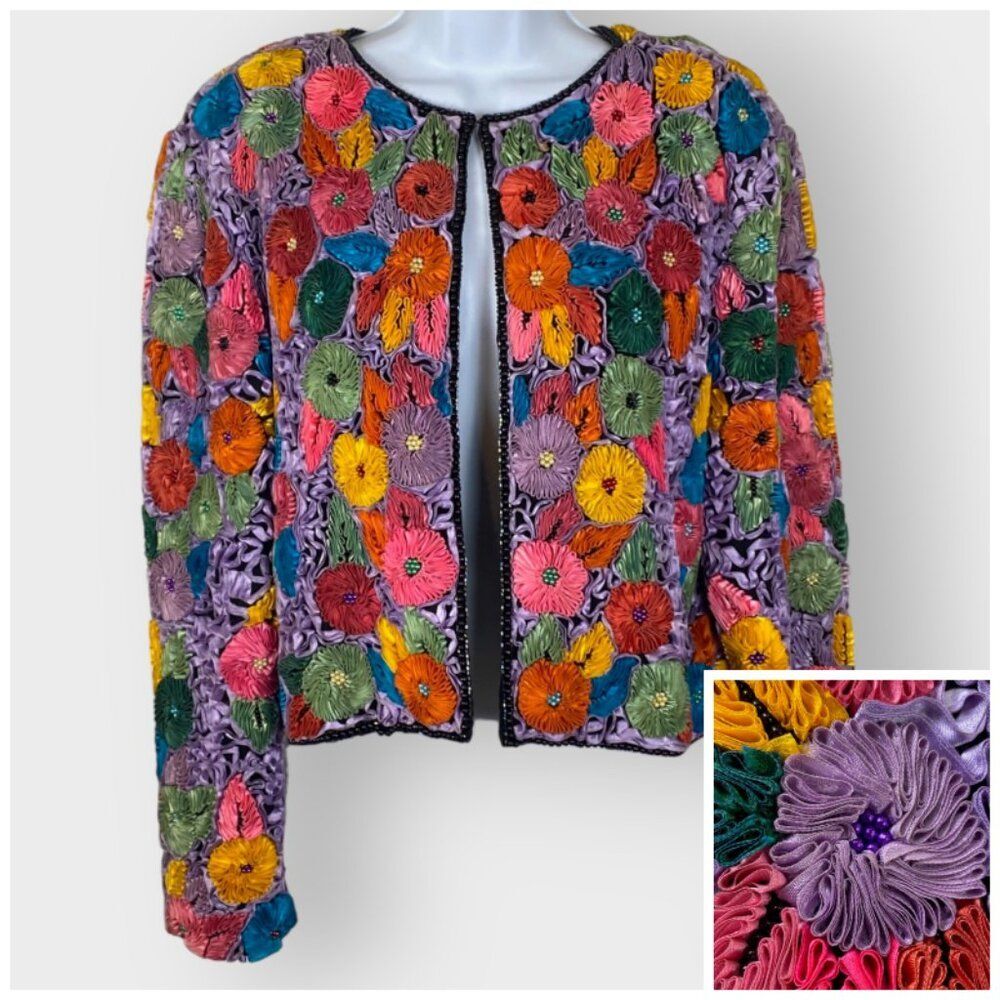 Vtg Precious Moments Floral Silk Jacket | M/L | Applique Beaded | Art to Wear